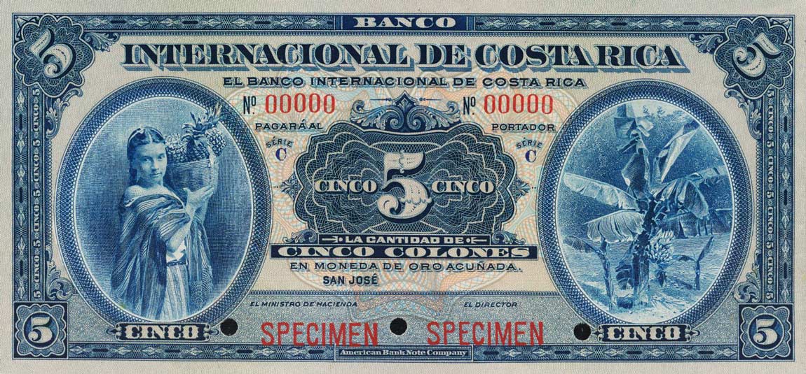 Front of Costa Rica p174s: 5 Colones from 1919