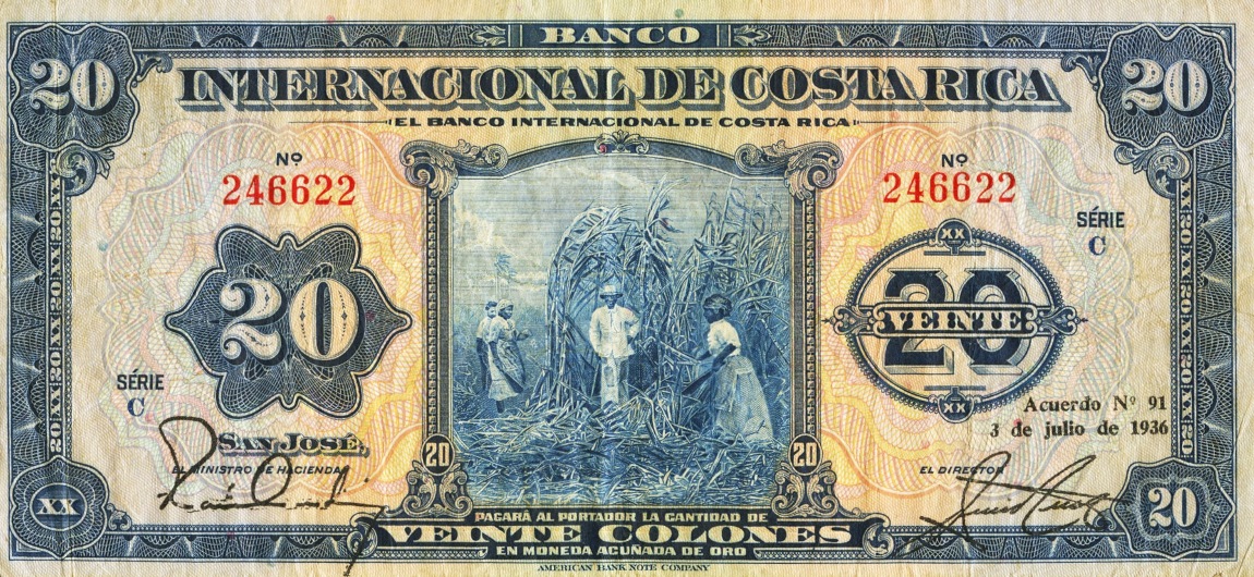 Front of Costa Rica p176c: 20 Colones from 1928