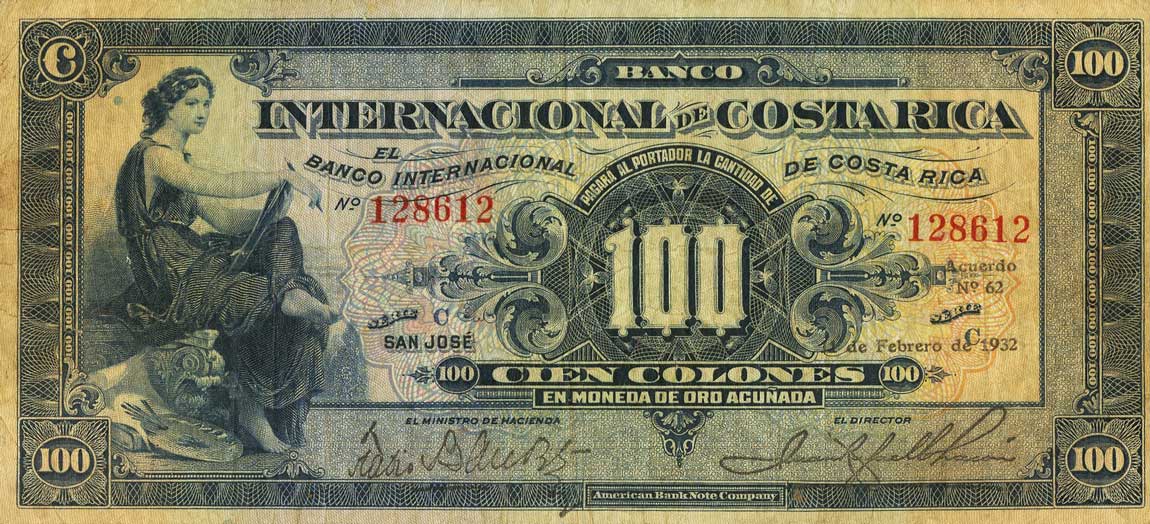 Front of Costa Rica p178b: 100 Colones from 1930