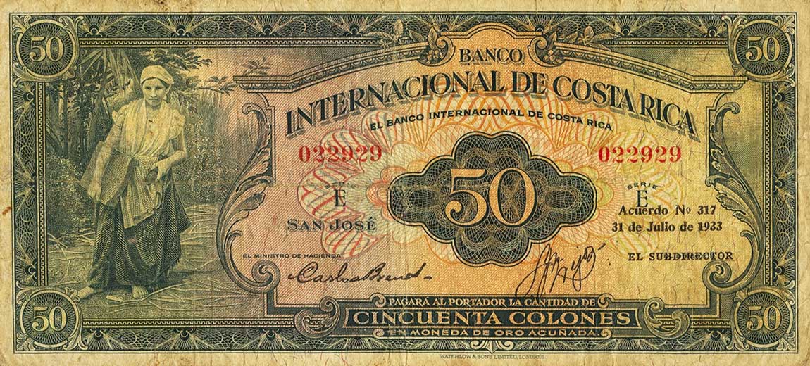 Front of Costa Rica p183a: 50 Colones from 1933