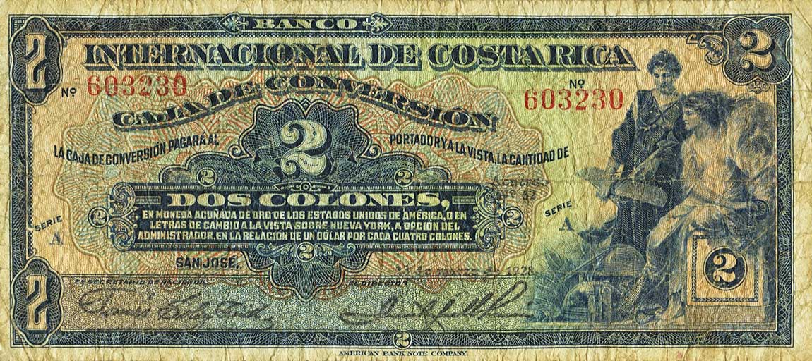 Front of Costa Rica p184a: 2 Colones from 1924