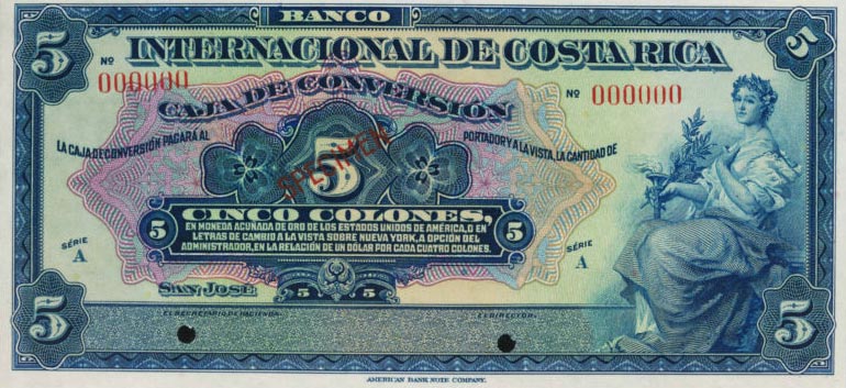 Front of Costa Rica p185s: 5 Colones from 1925