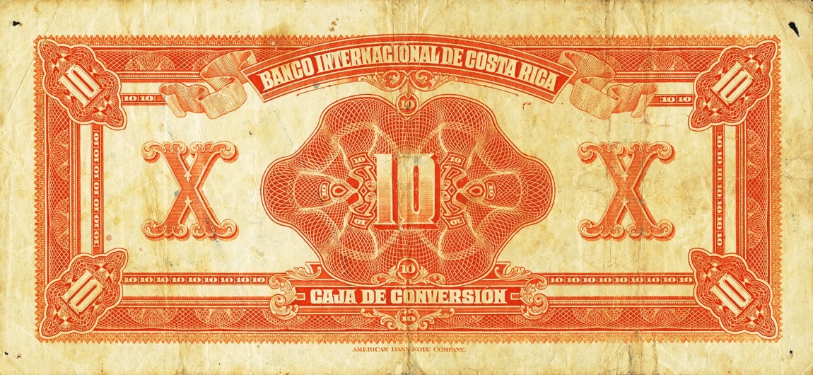 Back of Costa Rica p186a: 10 Colones from 1924