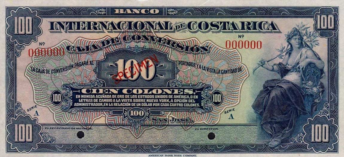 Front of Costa Rica p189s: 100 Colones from 1924