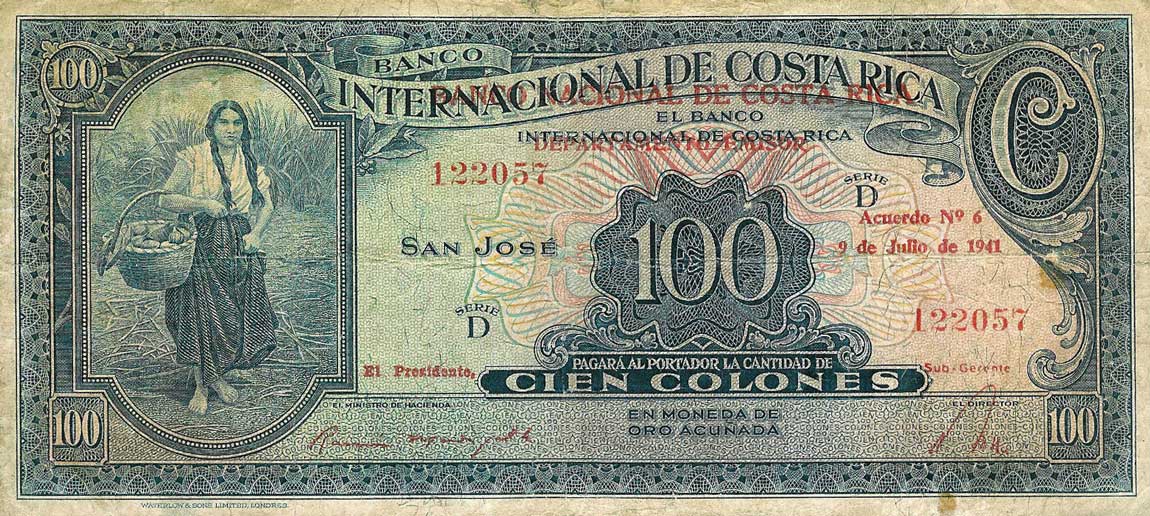 Front of Costa Rica p194b: 100 Colones from 1941