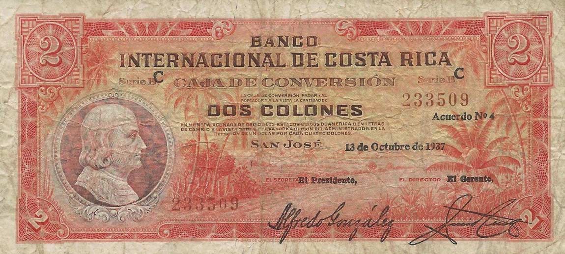 Front of Costa Rica p195a: 2 Colones from 1937