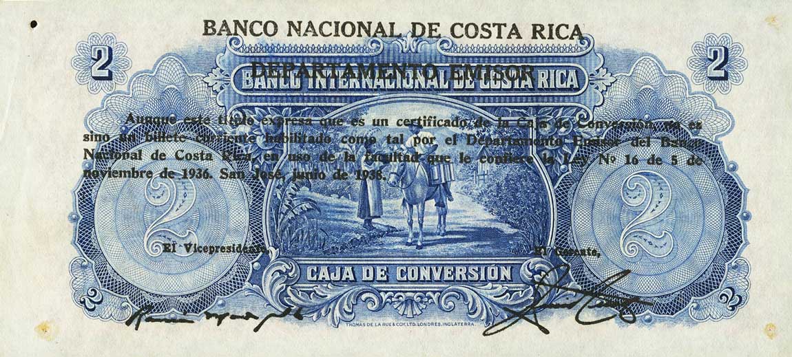 Back of Costa Rica p195b: 2 Colones from 1938