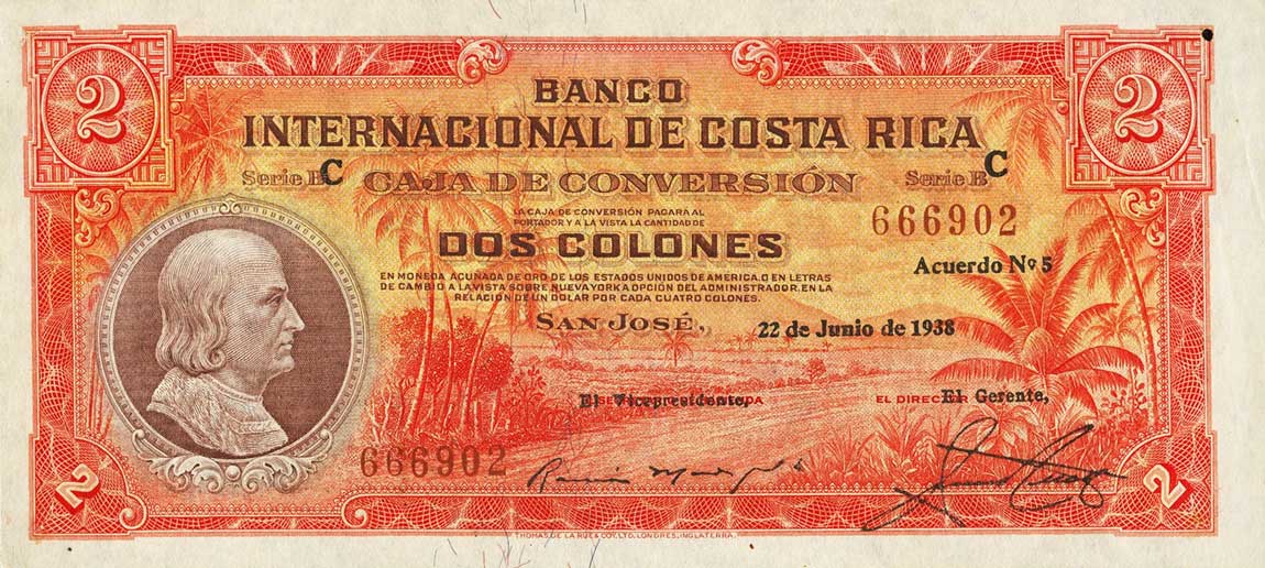 Front of Costa Rica p195b: 2 Colones from 1938