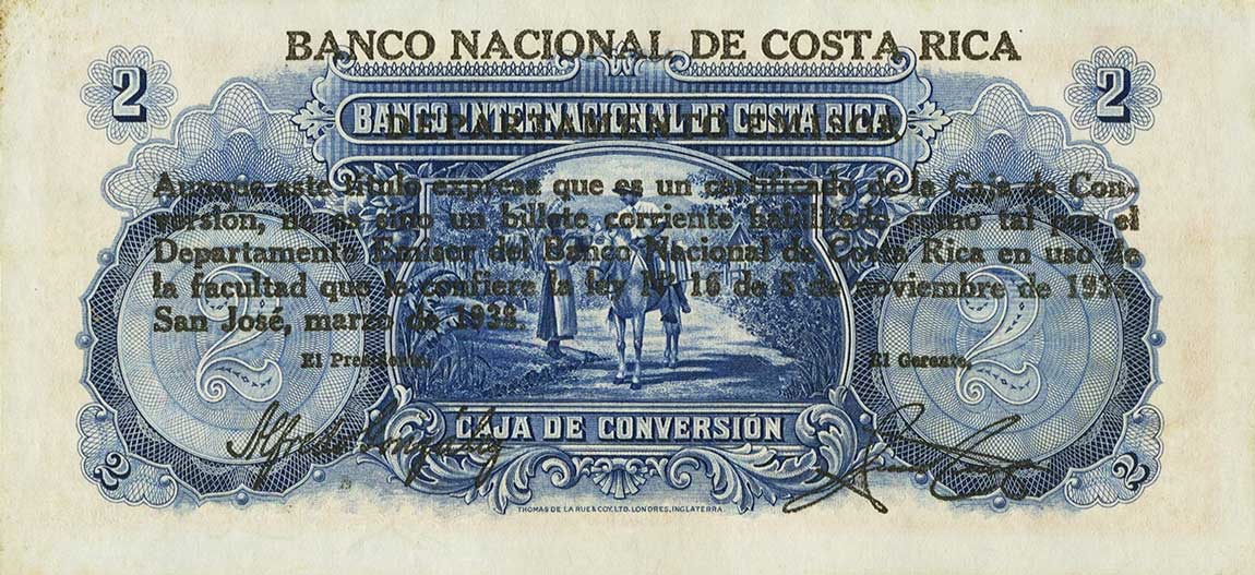 Back of Costa Rica p195c: 2 Colones from 1938