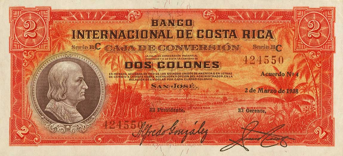 Front of Costa Rica p195c: 2 Colones from 1938