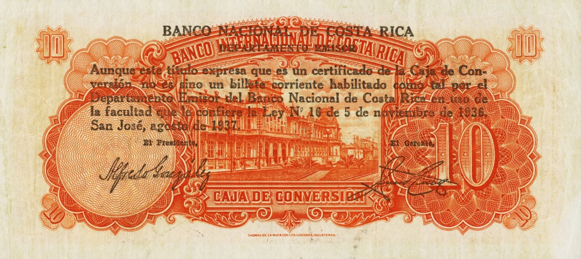 Back of Costa Rica p199: 10 Colones from 1937