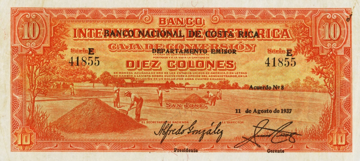 Front of Costa Rica p199: 10 Colones from 1937