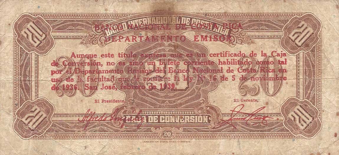 Back of Costa Rica p200: 20 Colones from 1939