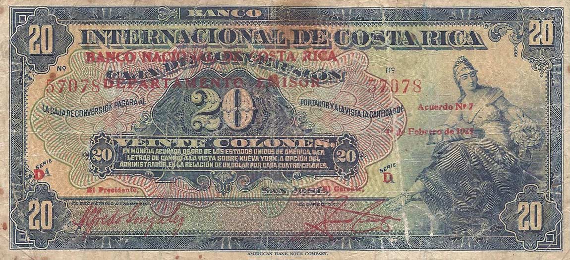 Front of Costa Rica p200: 20 Colones from 1939