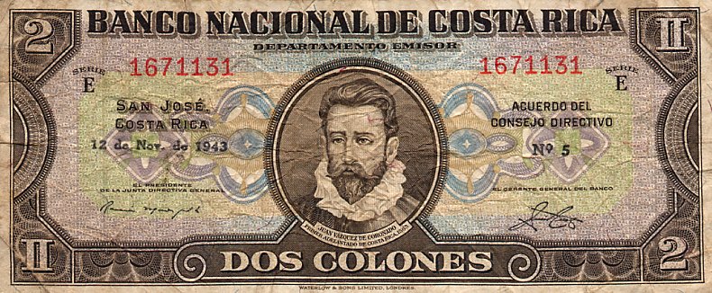 Front of Costa Rica p201a: 2 Colones from 1941