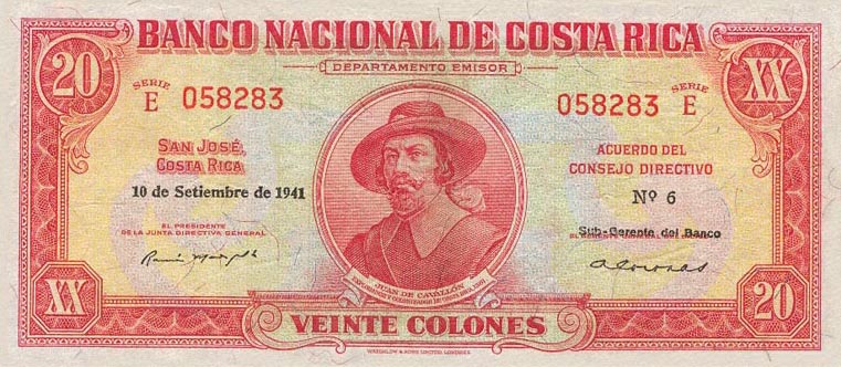 Front of Costa Rica p202a: 20 Colones from 1941