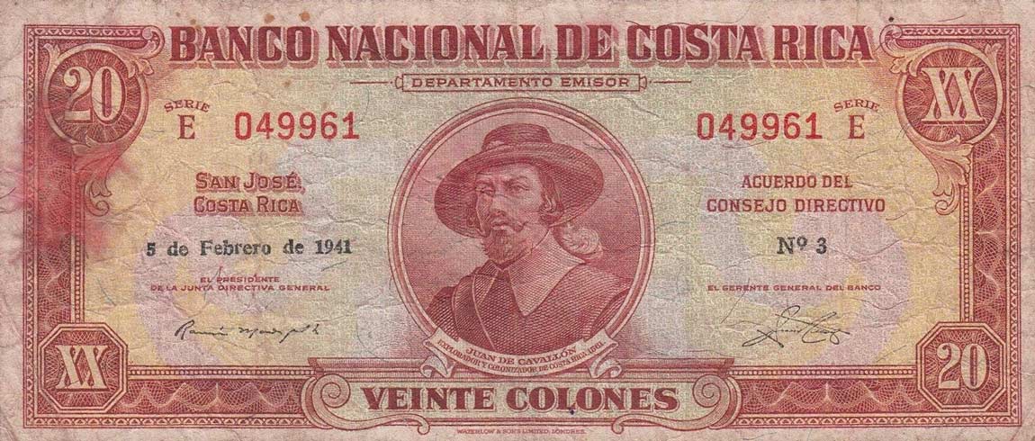 Front of Costa Rica p202c: 20 Colones from 1941