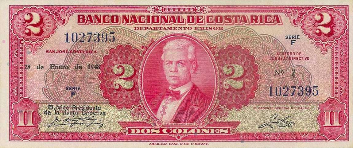 Front of Costa Rica p203c: 2 Colones from 1948