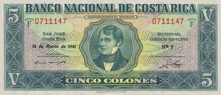 Front of Costa Rica p204: 5 Colones from 1939