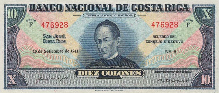 Front of Costa Rica p205b: 10 Colones from 1941