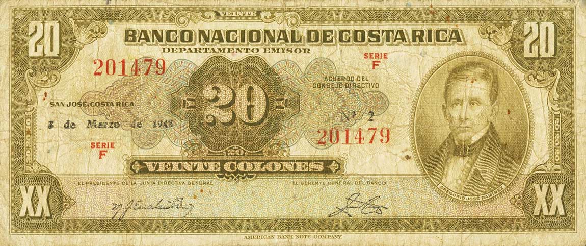 Front of Costa Rica p206c: 20 Colones from 1948