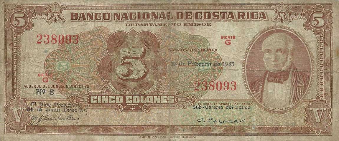 Front of Costa Rica p209b: 5 Colones from 1945