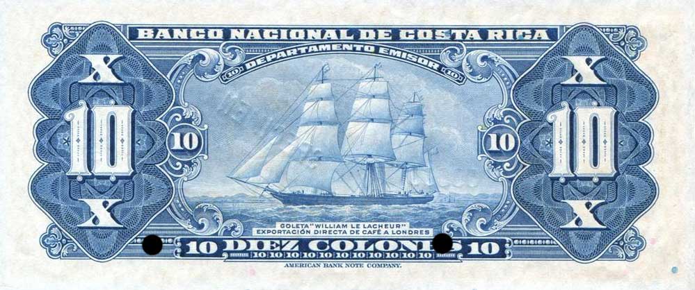 Back of Costa Rica p210s: 10 Colones from 1942