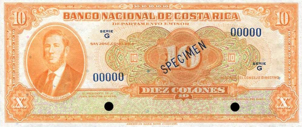 Front of Costa Rica p210s: 10 Colones from 1942