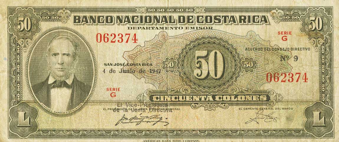 Front of Costa Rica p211b: 50 Colones from 1947