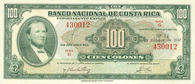 Front of Costa Rica p212b: 100 Colones from 1943