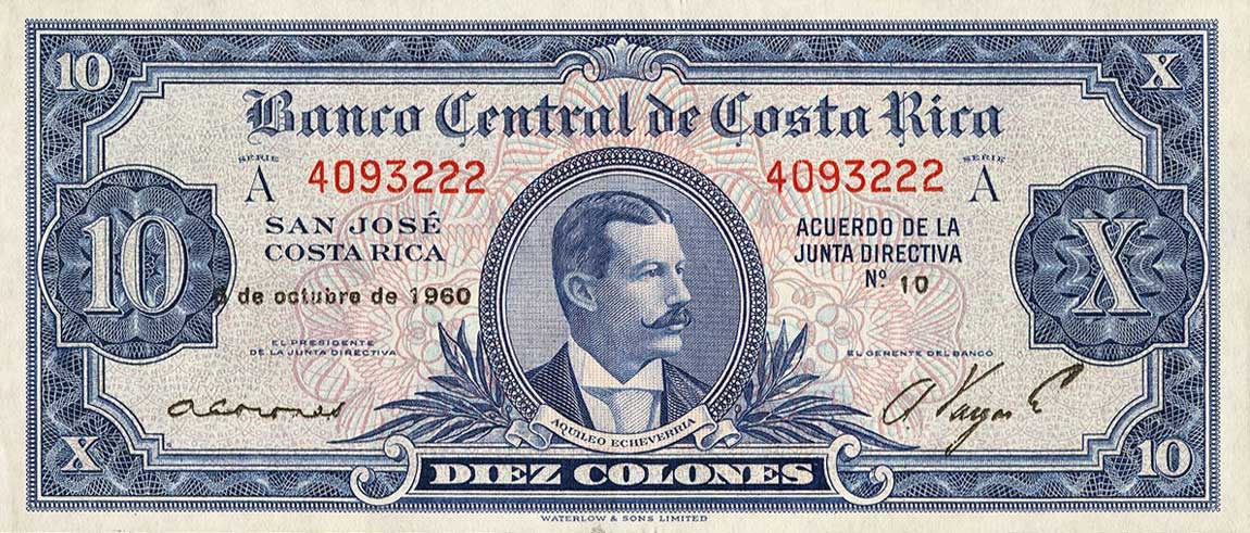 Front of Costa Rica p221b: 10 Colones from 1951