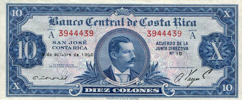 Front of Costa Rica p221c: 10 Colones from 1952