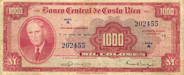 Front of Costa Rica p226c: 1000 Colones from 1970