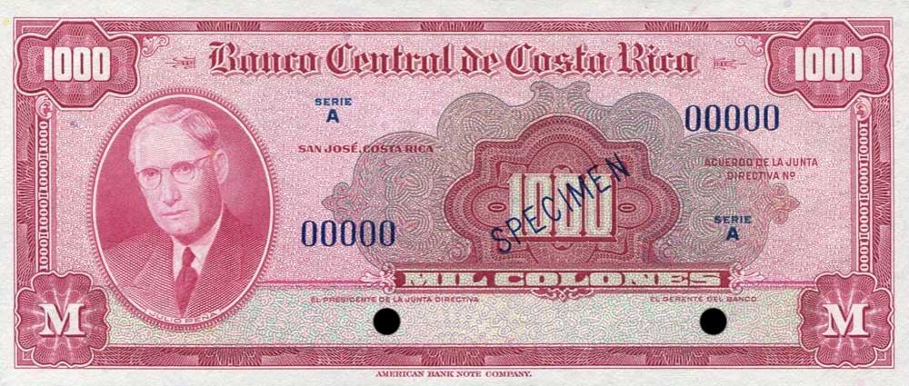 Front of Costa Rica p226s: 1000 Colones from 1952