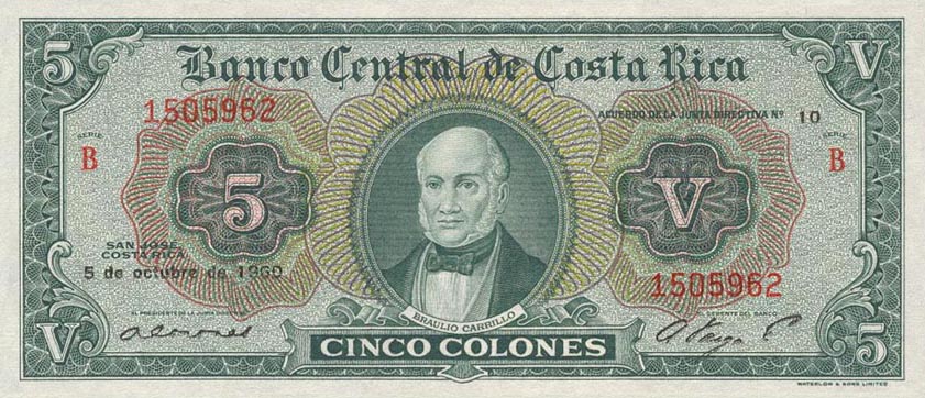Front of Costa Rica p227: 5 Colones from 1958
