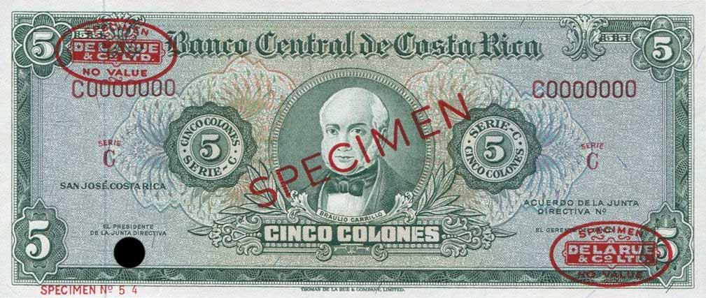 Front of Costa Rica p228s: 5 Colones from 1963