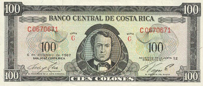 Front of Costa Rica p234a: 100 Colones from 1966