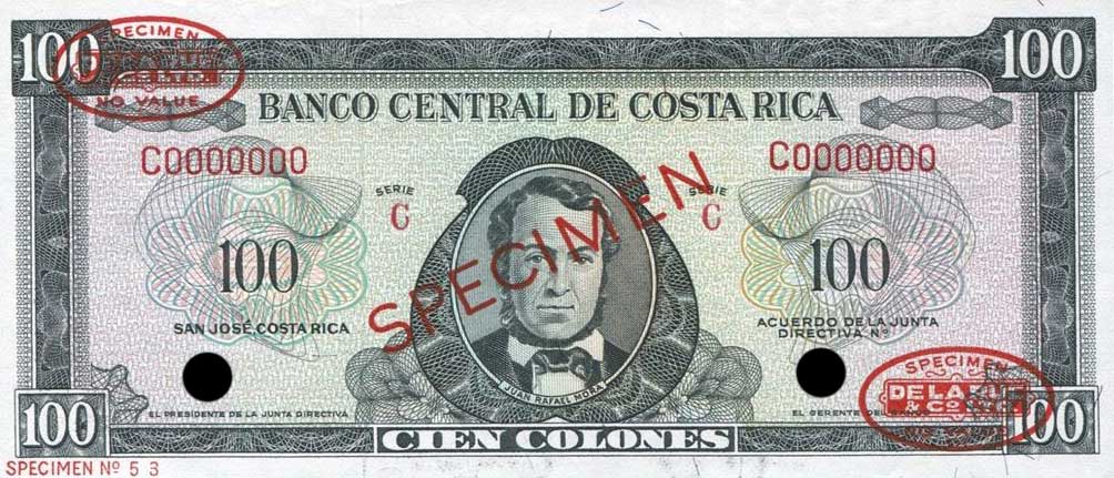 Front of Costa Rica p234s: 100 Colones from 1966