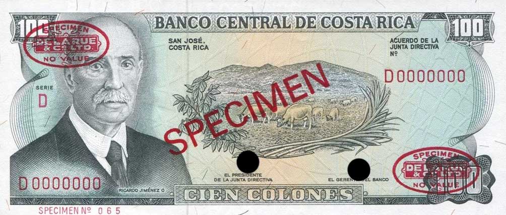 Front of Costa Rica p240s: 100 Colones from 1969