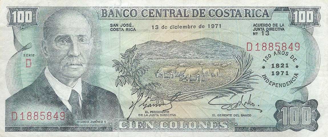 Front of Costa Rica p244: 100 Colones from 1971