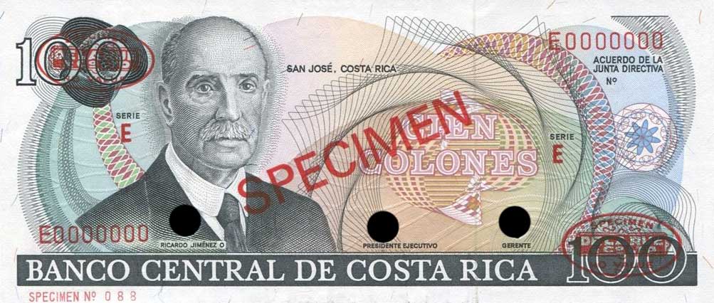 Front of Costa Rica p248s: 100 Colones from 1977