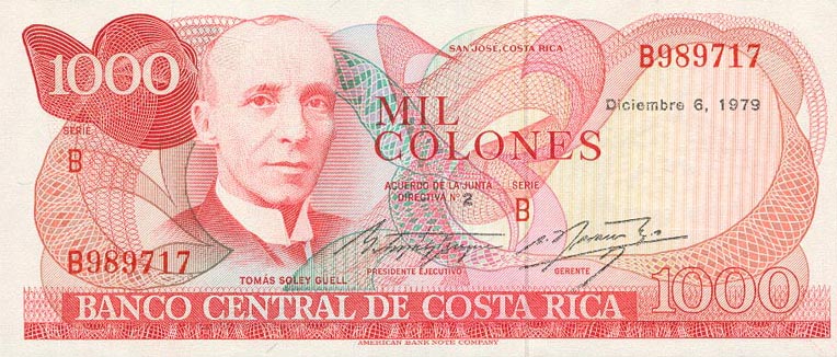 Front of Costa Rica p250a: 1000 Colones from 1975