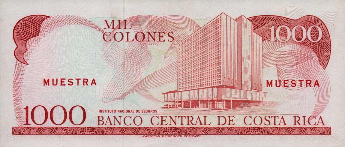 Back of Costa Rica p250s: 1000 Colones from 1975