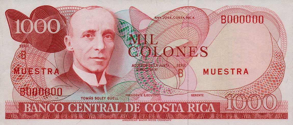 Front of Costa Rica p250s: 1000 Colones from 1975