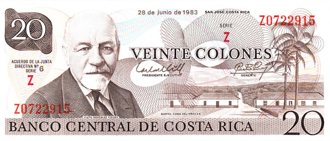 Front of Costa Rica p252a: 20 Colones from 1983