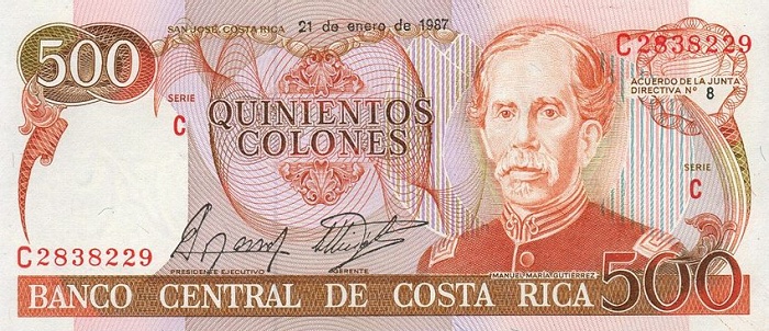 Front of Costa Rica p255: 500 Colones from 1987