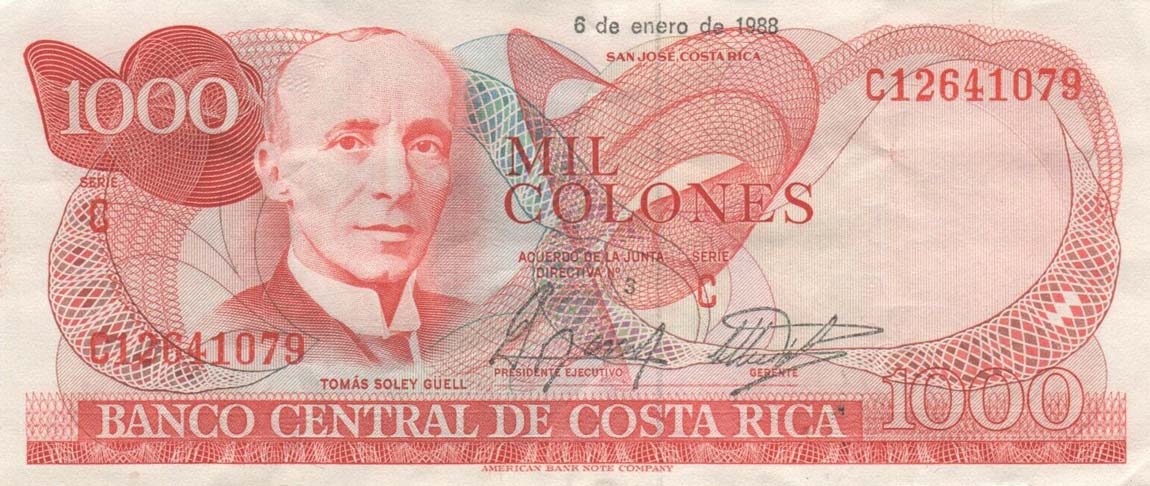 Front of Costa Rica p256d: 1000 Colones from 1988