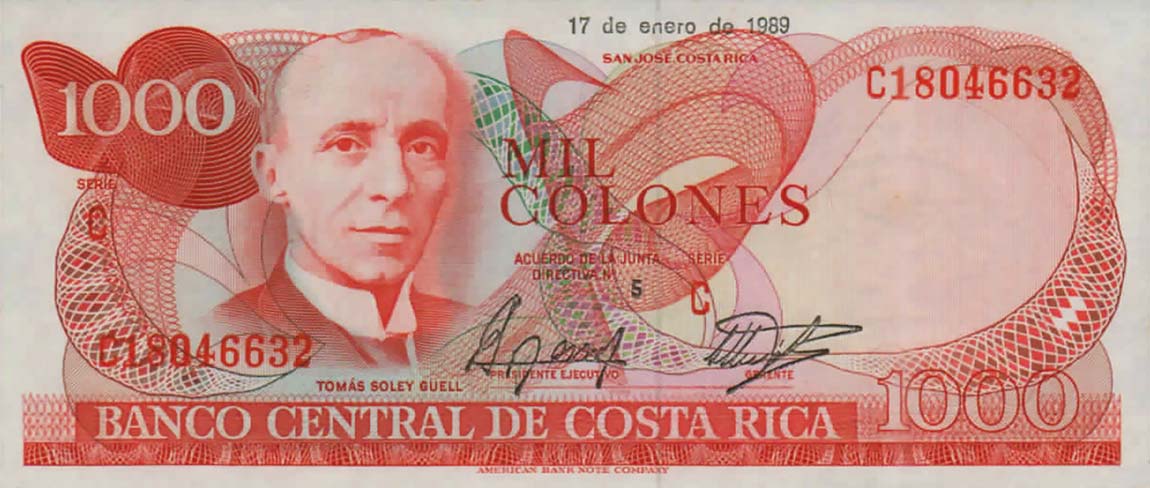 Front of Costa Rica p256e: 1000 Colones from 1989