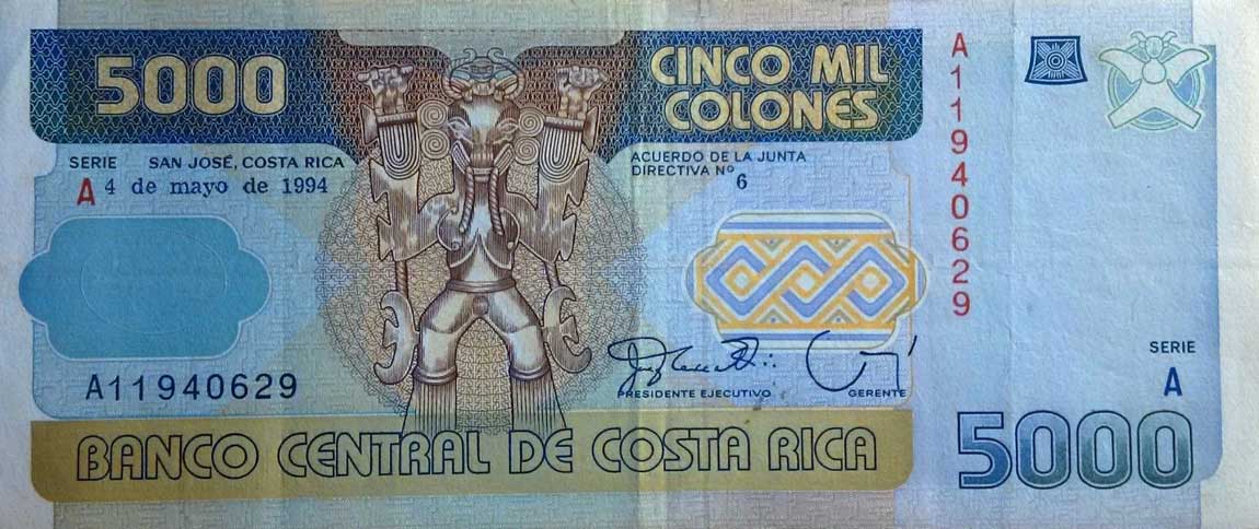 Front of Costa Rica p260b: 5000 Colones from 1994