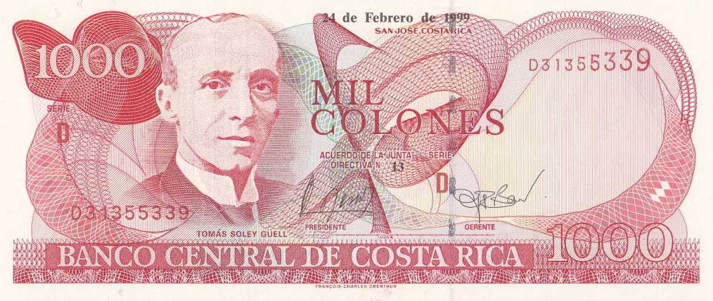 Front of Costa Rica p264c: 1000 Colones from 1999